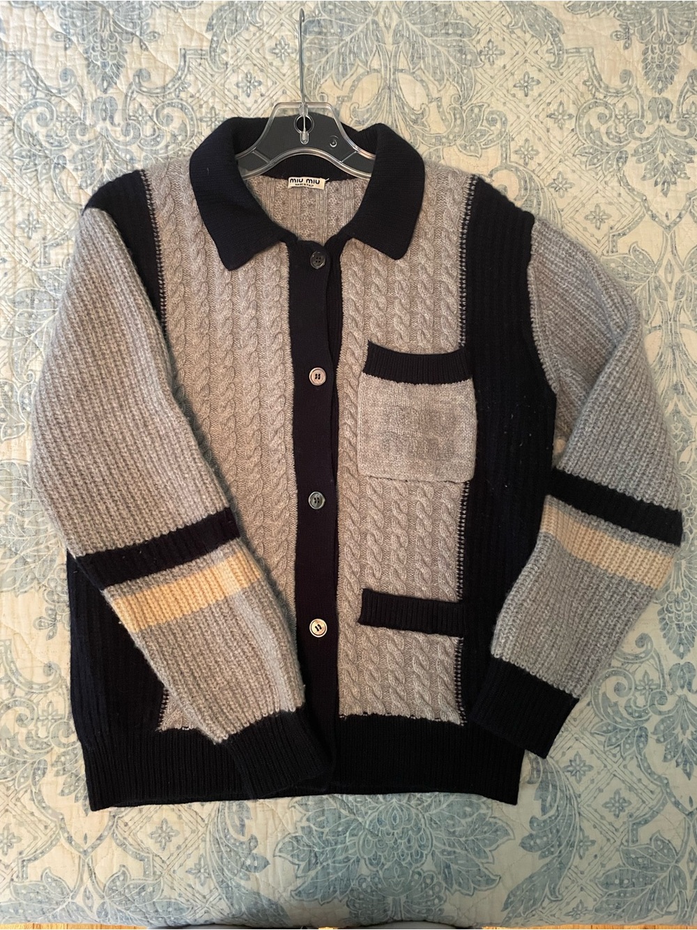 Miu Miu Gray and Black Cable-Knit Button Cardigan with Cream Stripe
